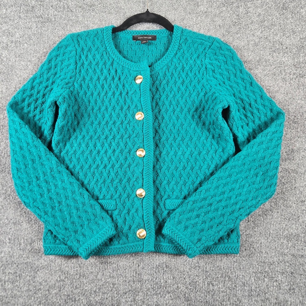 Ann Taylor Cardigan Sweater Womens XSP Teal  Gold Button Cable Knit preppy fall